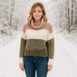 Poof Apparel Colorblock Chenille Cowl Neck Sweater Pink White Green Size S